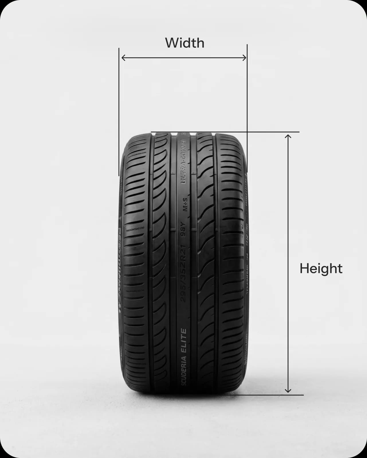 Tire seen head-on with arrows marking its width and height